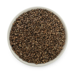 Ceramic bowl with chia seeds isolated on white, top view. Cooking utensil