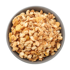 Ceramic bowl with granola isolated on white, top view. Cooking utensil