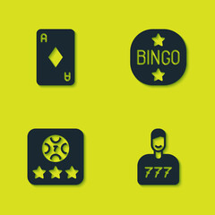 Set Playing card with diamonds, Lucky player, Online poker table game and Bingo icon. Vector