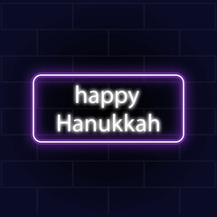 neon sign happy hanukkah in purple black and white