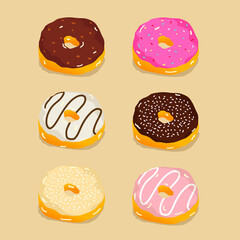 vector Set colorful donuts. white chocolate, strawberry and chocolate donuts illustration.