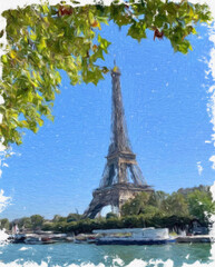 France, Paris artwork painting in vintage oil style. Big size print for postcards, poster, wall art, card. Pretty drawing art with city scene. Travel and touristic place in europe.