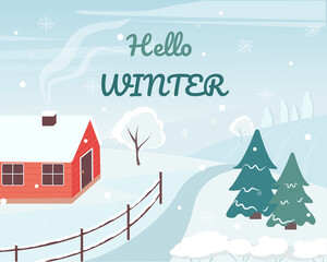 Fototapeta na wymiar Winter landscape with house and trees. Seasonal countryside landscape. Vector illustration card template