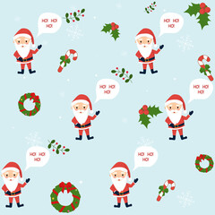 Christmas pattern with Santa Claus and Christmas deer, Christmas wreath and snowflakes. Background for gift wrapping