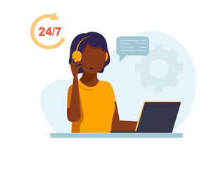 Black woman with headphones and microphone with laptop. Concept illustration for support, assistance, call center. Vector illustration in flat style