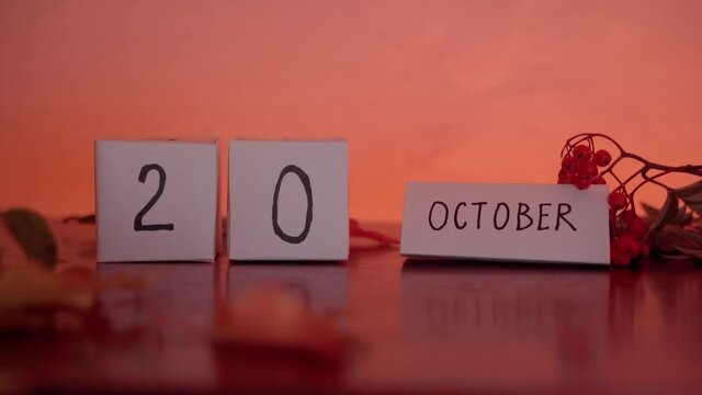 Cube calendar with an important date of October 20th with maple leaves and berries on the desk. Autumn Season. National Brandied Fruit Day and World Osteoporosis Day
