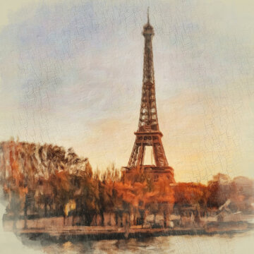 France, Paris artwork painting in vintage oil style. Big size print for postcards, poster, wall art, card. Pretty drawing art with city scene. Travel and touristic place in europe.