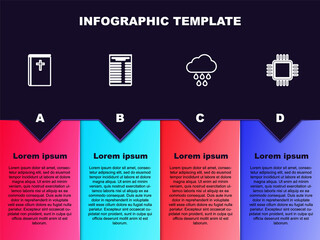 Set line Holy bible book, Paper or financial check, Cloud with rain and Processor CPU. Business infographic template. Vector