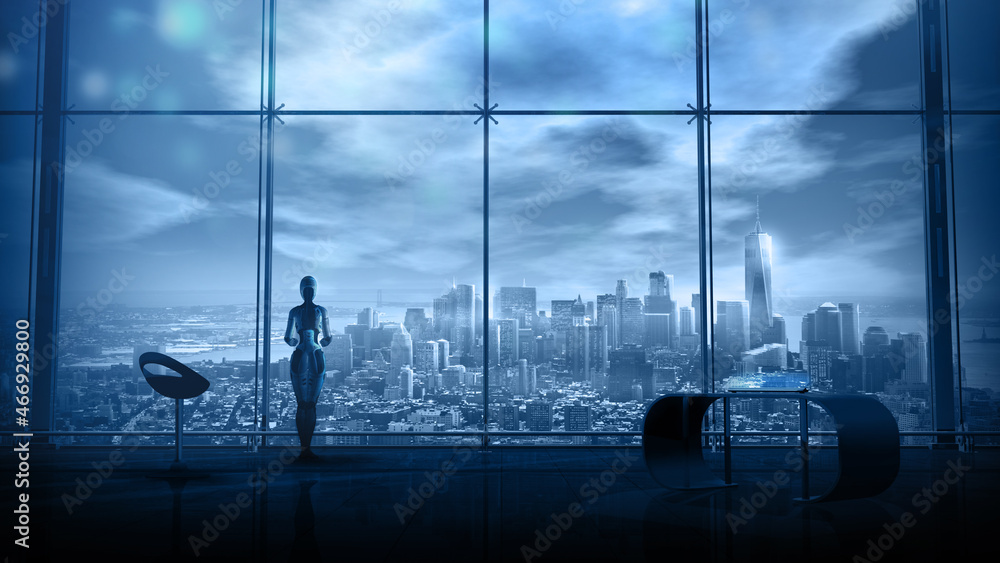 Poster an android in a spacious office with panoramic windows, 3d render.