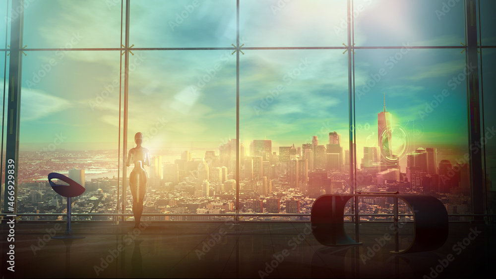 Poster sci-fi scene with an android working in a futuristic office, 3d render.