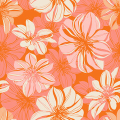 Abstract large blossom flowers. Monochrome floral seamless pattern, summer motif. Outline detailed sketch drawing. Flat design, line art. Botanical background for fabric, textile, wallpaper