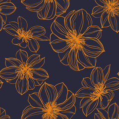 Abstract large flower buds in bloom. Floral seamless pattern, summer motif. Outline detailed sketch drawing. Flat design, line art. Botanical background for fabric, textile, wallpaper and wrapping.