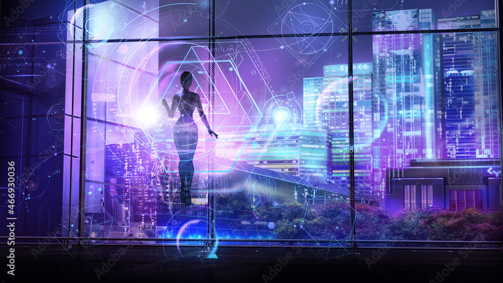 Poster the flying android works with the interface of the future, 3d render.