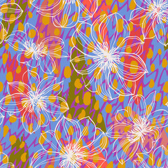 Abstract large blooming flowers mixed with abstract geometric dotted texture. Floral seamless pattern summer motif. Outline sketch drawing. Flat design, line art. Sophisticated botanical background.