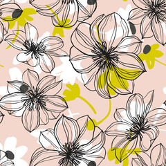 Abstract large flower buds in bloom mixed with plain meadow plants and daisies. Floral seamless pattern summer motif. Outline sketch drawing. Flat design, line art. Sophisticated botanical background.