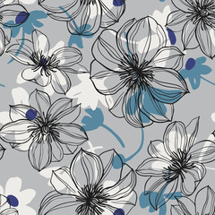 Abstract large flower buds in bloom mixed with plain meadow plants and daisies. Floral seamless pattern summer motif. Outline sketch drawing. Flat design, line art. Sophisticated botanical background.