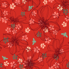 Abstract large flower buds in bloom mixed with plain meadow daisies. Floral seamless pattern summer motif. Outline sketch drawing. Flat design, line art. Sophisticated botanical background.