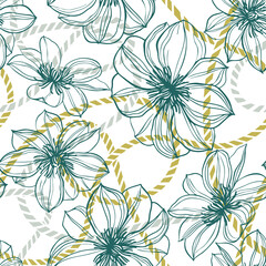 Abstract large flower buds in bloom mixed with twisted rope. Floral seamless pattern. Summer and nautical motif. Outline sketch drawing. Flat design, line art. Sophisticated botanical background.