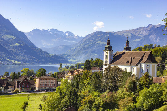 Beautiful view of a village in mountains, Sarnen, Switzerland