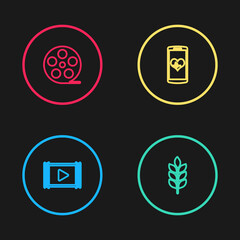 Set line Play Video, Wheat, Smartphone with heart rate and Film reel icon. Vector