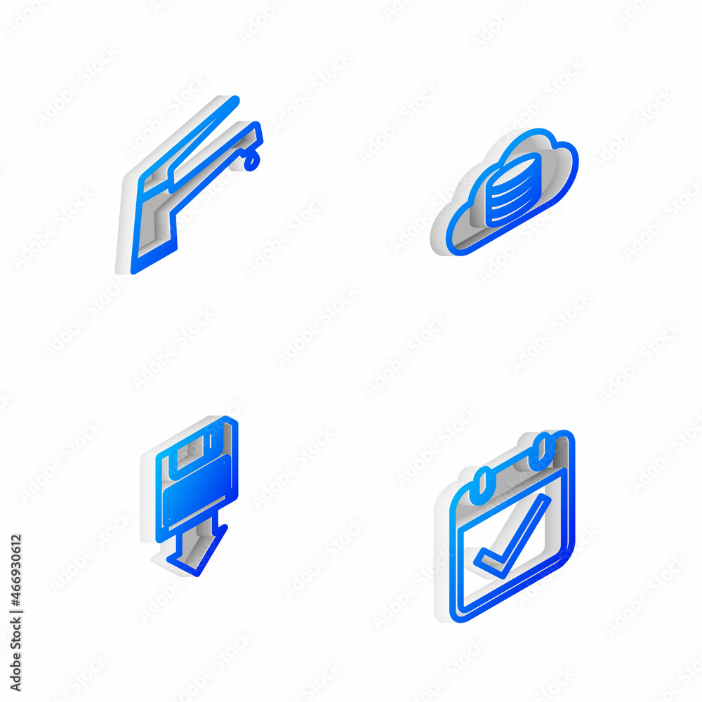 Poster set isometric line cloud database, water tap, floppy disk backup and calendar with check mark icon. 