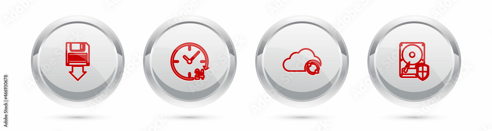 Poster set line floppy disk backup, clock 24 hours, cloud sync refresh and hard drive hdd protection. silve