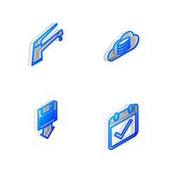 Set Isometric line Cloud database, Water tap, Floppy disk backup and Calendar with check mark icon. Vector