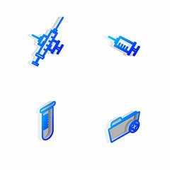 Set Isometric line Syringe, Crossed syringe, Test tube or flask and Health record folder icon. Vector