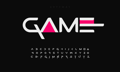 Geometric font alphabet letters. Modern logo typography. Minimal futuristic typographic design. Bevel letter set for tv series, cinema headline and cover title, trendy type. Vector typeset