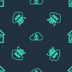 Set line Cloud computing lock, api interface and Retro wall watch on seamless pattern. Vector