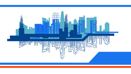 Obraz premium schematic silhouette of a city on a white background with reflection from microchips