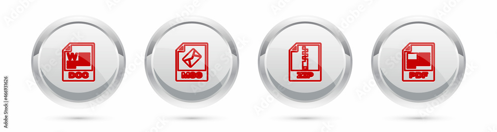Poster set line doc file document, msg, zip and pdf. silver circle button. vector