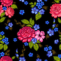 Floral seamless pattern in folk boho style. Colorful large roses isolated on black. Decorative summer botanical background for fashion prints, fabric, textile or bedding. Traditional Russian motif.