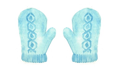 Light blue knitted mittens, hand-drawn watercolor illustration isolated on a white background. Clothing and accessories for a winter walk.