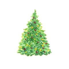 Decorated Christmas tree. Sparking garlands and Christmas balls. Hand-drawn watercolor isolated on a white background.