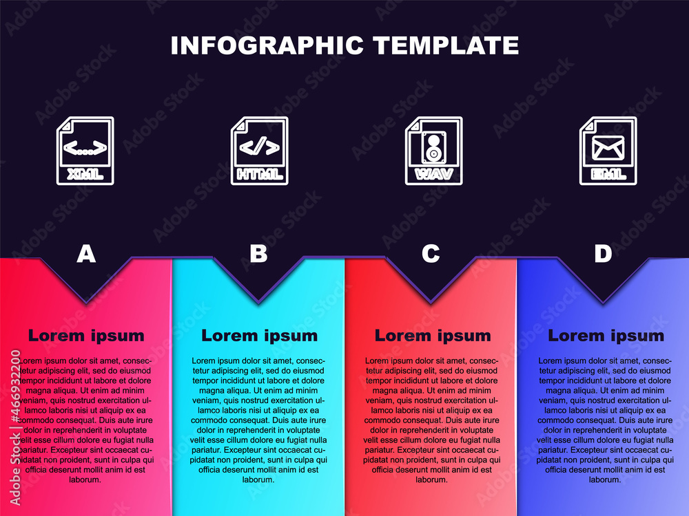 Poster set line xml file document, html, wav and eml. business infographic template. vector