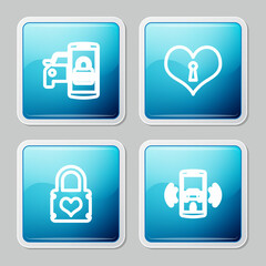 Obraz premium Set line Smart car security system, Heart with keyhole, Padlock heart and alarm icon. Vector