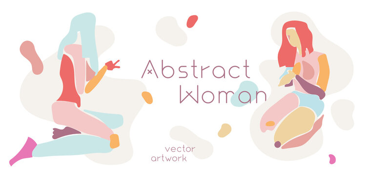 Abstract woman drawing. Naked surreal body illustration. Avant-garde abstract female body. Minimalist silhouette girl. Colored extraordinary flat vector artwork. Young woman is sitting. Half tone.