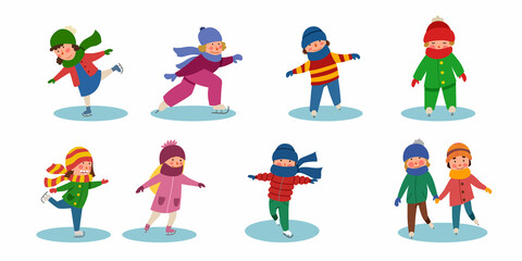 A set of Children skating on ice. Winter sports. Vector illustration in a flat style.