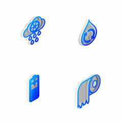 Set Isometric line Recycle clean aqua, Acid rain and radioactive cloud, Battery charge level indicator and Toilet paper roll icon. Vector