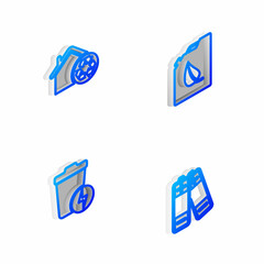 Set Isometric line Bio fuel canister, Eco House with recycling, Lightning trash and Battery icon. Vector