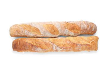 Crispy French baguettes on white background, top view. Fresh bread