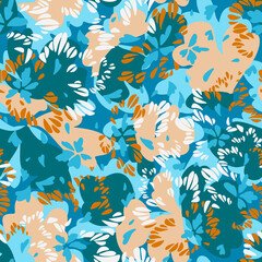 Abstract floral seamless pattern made of brush strokes forming leaves, petals, buds, botanical elements. Flat meadow flowers. Illusion of wings of butterfly, bird or insect. Simple summer ornament.