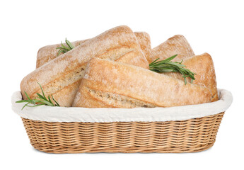 Crispy ciabattas with rosemary in wicker basket isolated on white. Fresh bread