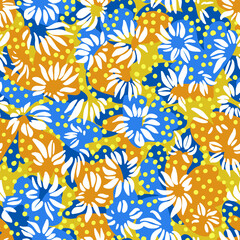 Fototapeta premium Nature background. Leaf seamless pattern. Stylized large flower heads of daisy wildflowers ornament. Trendy flat design, silhouettes. Simple abstract shapes texture. Textile and fabric design.
