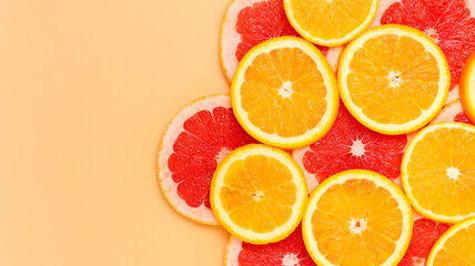 Sliced grapefruit and oranges background with copy space. Top view citrus banner with empty space
