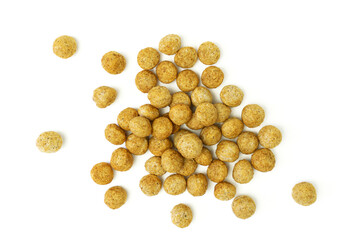 Heap of cereal rye and oats breakfast balls isolated on white background, top view. Quick and...