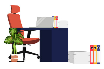 Modern empty desk for home office freelancer with chair table drawer and with pc computer and with house plants with some paper pile file folders