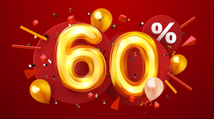 60 percent Off. Discount creative composition. 3d golden sale symbol with confetti and balloons. Sale banner and poster.