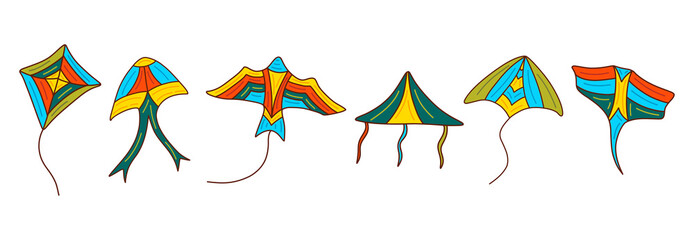 Set of kites. Group of toys flying in air on a string, soaring in sky in wind, different colors and with ribbons. Hand drawn vector isolated illustration clip art. Outdoors entertainment